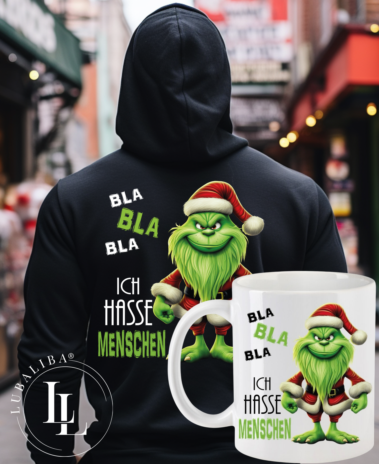 Hoodie Schwarz + TASSE " Mr.Green Ich Hasse Menschen Motiv: WRH